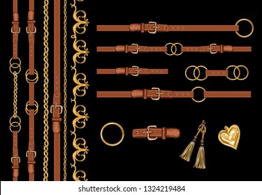 Hand drawn set of the baroque elements,  belts, chain and braid for fabric design. Vector elements isolated on black background