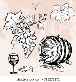 Hand drawn set of barrel of wine, grape, wineglass and cheese