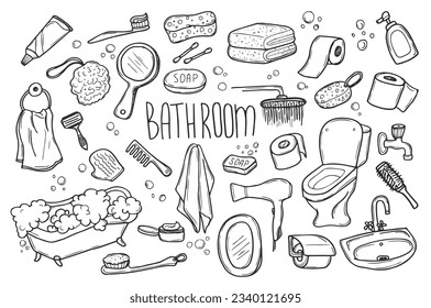 Handgezeichneter Bathroom-Doodle. Handtuch, Bademantel, Dusche, Badewanne, Spiegel im Skizzenstil. Vektorgrafik einzeln auf weißem Hintergrund.