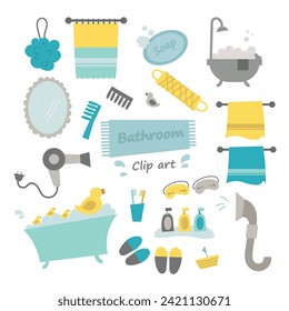 Hand drawn set of Bathroom doodle clip art. Towel, washcloth, comb, bath, shower gel, soap, slippers, hairdryer, mirror. Vector illustration isolated on white background.