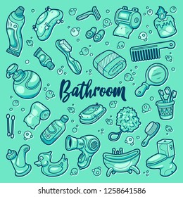 Hand drawn set of Bathroom doodles in vector in monocrom blue colors