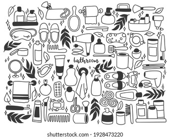 Hand drawn set of Bathroom doodles related icons set. Vector illustration home bath symbols collection Cartoon elements on white background.  Illustration of bathroom tools for hygiene