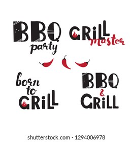 Hand drawn set of bbq phrases. Grill and barbecue restaurant design lettering: bbq party, grill master, born to grill, bbq & grill. Handdrawn typography for poster, banner cover, apron, T-shirt.