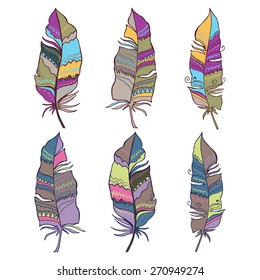 hand drawn set of beautiful colorful feathers in ethnic style (tattoo design sketch) - vector illustration