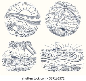 Hand drawn set of beautiful seacoast. Vector.