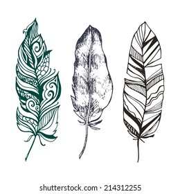hand drawn set of beautiful stylish Ethnic feathers (tattoo design sketch) - vector illustration