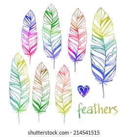 hand drawn set of beautiful stylish Ethnic feathers (tattoo design sketch) - bright colors watercolor vector illustration