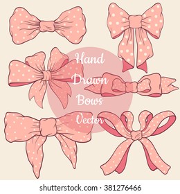 Hand drawn set of beautiful tender bows with polka dots. Ideal for your own design. Isolated vector illustration