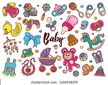 Hand drawn set of Beby Gear doodles in Color vector