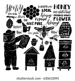 Hand drawn set. Beehive. Honeycomb. Honey. Beekeeper.