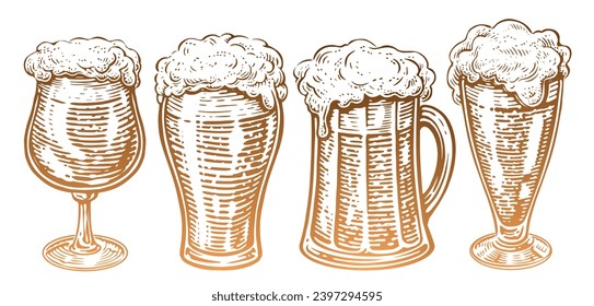 Hand drawn set of beer glasses and mugs in vintage style. Sketch vector illustration