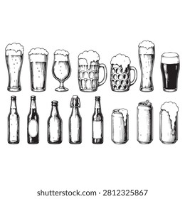 Hand drawn set of beer glasses bottles and cans isolated on white background, Vector