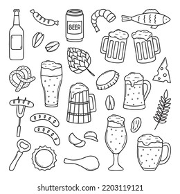 Hand drawn set of beer and snacks doodle. Brewery in sketch style. Vector illustration isolated on white background