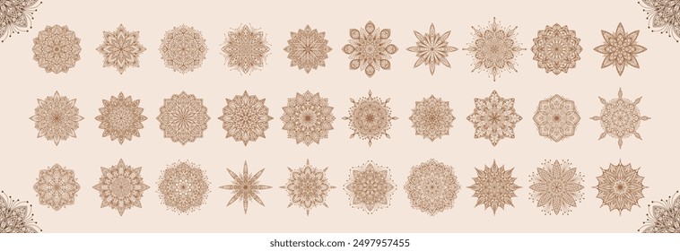 Conjunto de mandala beige dibujado a mano con Elementos florales. Hermoso símbolo ornamental vintage. Patrón oriental de mosaico étnico. Talismán, estilo antiguo, boho, tatuaje. Ilustración de boceto de esquema de Vector