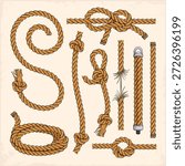 Hand drawn set of beige rope elements including coils, knots, loops, straight segments, frayed ends and eye splice on a light textured background