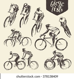 Hand drawn set of bicyclist rider men with bikes isolated on background, vector illustration, sketch