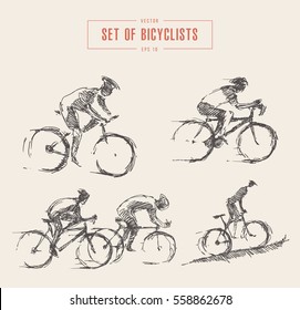 Conjunto desenhado à mão de homens ciclistas, isolado no fundo, ilustração vetorial, esboço