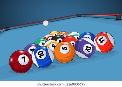 Juego dibujado a mano de Billiard Balls triangular en forma de y White Cue Ball en mesa Billiard azul