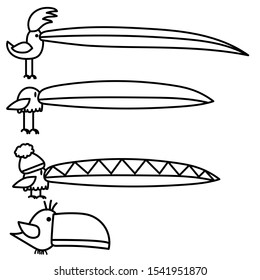 Hand drawn set of birds with big noses fun black and white vector illustration.