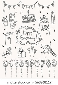 Hand Drawn Set Birthday Elements. Cakes, Balloons, Festive Attributes.