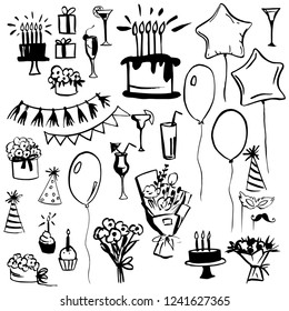 Hand drawn set of birthday. Vector sketch  illustration.
