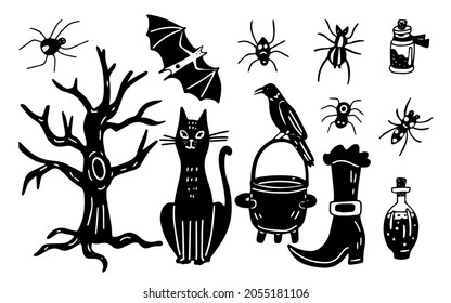 Hand drawn set with a black cat, scary tree, crow on a witch cauldron and spiders. Halloween decorations. Vector illustration are perfect for party decoration, creating greeting card, posters.