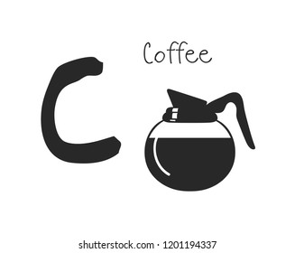Hand drawn set of Black Coffee and letter. Vector artistic drawing hot drink and alphabet. Help illustration for Language Teaching