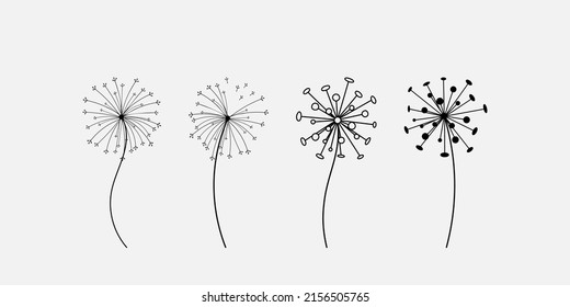 Hand drawn set of black dandelion, dandelion with flying seeds in cute doodle style. Vector illustration for fabric, card design, print, stamp or baby clothings.