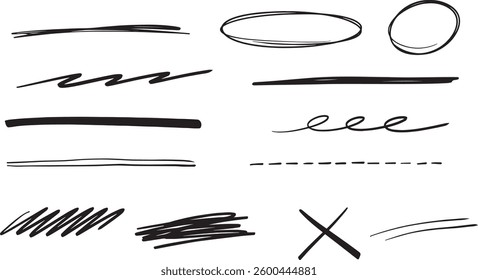 Hand drawn set of black doodle style marker divider underlines. Vector illustration isolated on white background.