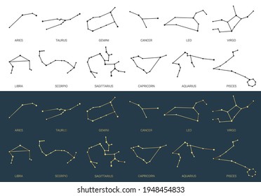 Hand drawn set of black and golden constellations celestial space vector set. Zodiac horoscope symbols, stars astrology, astrology signs, icons. Magic space galaxy collection sketch illustration