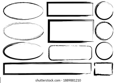 Hand drawn set with black grunge ovals rectangles. Hand drawn abstract vector set. Stock image. EPS 10.