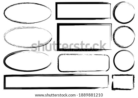 Hand drawn set with black grunge ovals rectangles. Hand drawn abstract vector set. Stock image. EPS 10.