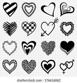 Hand drawn set of black heart icons on a checkered paper background. Vector illustration