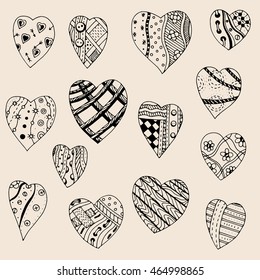 Hand drawn set of black heart icons on a checkered paper background. Vector illustration