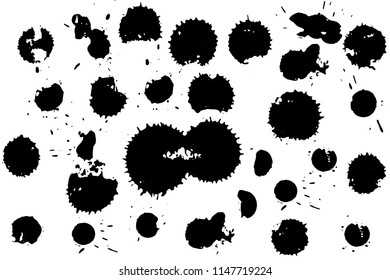 Hand drawn set of black ink spots isolated on white background. Paint splat set ink. Splat drop vector. Blood splash. Paint blob.