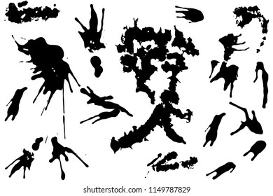 Hand drawn set of black ink spots isolated on white background. Paint splat set ink. Splat drop vector. Blood splash. Paint blob.
