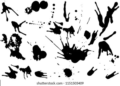 Hand Drawn Set Of Black Ink Spots Isolated On White Background. Paint Splat Set Ink. Splat Drop Vector. Blood Splash. Paint Blob.