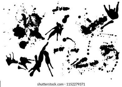 Hand drawn set of black ink spots isolated on white background. Paint splat set ink. Splat drop vector. Blood splash. Paint blob.