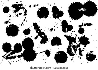 Hand drawn set of black ink spots isolated on white background. Paint splat set ink. Splat drop vector. Blood splash. Paint blob.