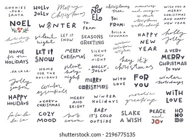 Hand drawn set of black ink Christmas and happy new year lettering. Celebration hand lettering quotes. Typography set. Holidays vector logo, banner, text design, greeting card, gifts, emblems
