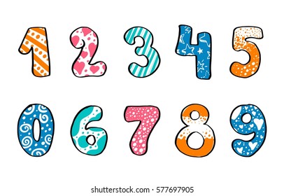 Hand drawn set of black numbers for children cartoon style collection, for baby background. Set of numbers from zero to nine isolated on white background. Vector illustration.