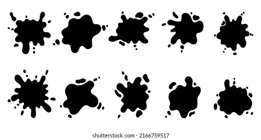 Hand drawn set of black paint splashes. Different shapes of Paint splatter and drops, ink blobs
. Vector illustration isolated on white background.