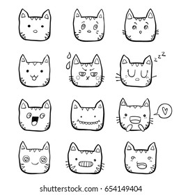 Hand drawn set of black and white kawaii cat with different mood 