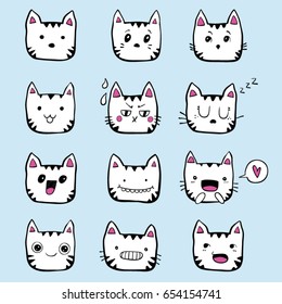 Hand drawn set of black and white kawaii cat with different mood