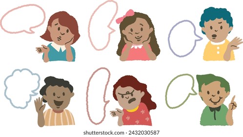 Conjunto dibujado a mano de jóvenes negros avatares de personajes. Vector Perfil africano para los medios sociales. Colección de avatares de estudiantes de la escuela de niños negros. Confundir, enojado, feliz hombre negro mujer queja hablar