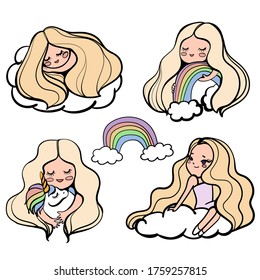 Hand drawn set of blonde girls, clouds, rainbows and unicorn