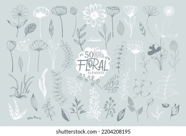 Hand drawn set of blooming flowers, branches, berries, leaves, herbs and plants. Cute botanical collection. Vector sketch elements isolated on a blue background. Decorative doodle illustration 