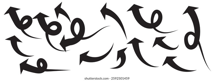 Hand drawn Set of Blue, Black, Red Curve arrow icon vector. Variety Curve arrow symbol.   Design element vector illustration.