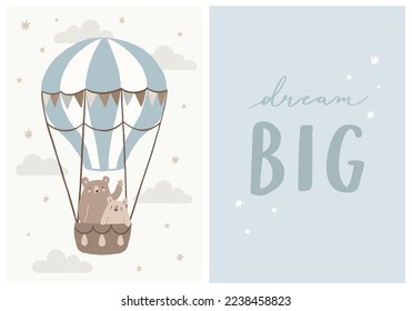 Hand Drawn Set In Blue Color With Cute Bears Flying In Hot Air Balloon And Inspirational Quote ”Dream Big” Hand Lettering Graphic. Ideal For Nursery Wall Art.