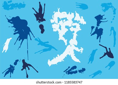 Hand drawn set of blue ink spots on bright blue background. Paint splat set ink. Splat drop vector. Blood splash. Paint blob.